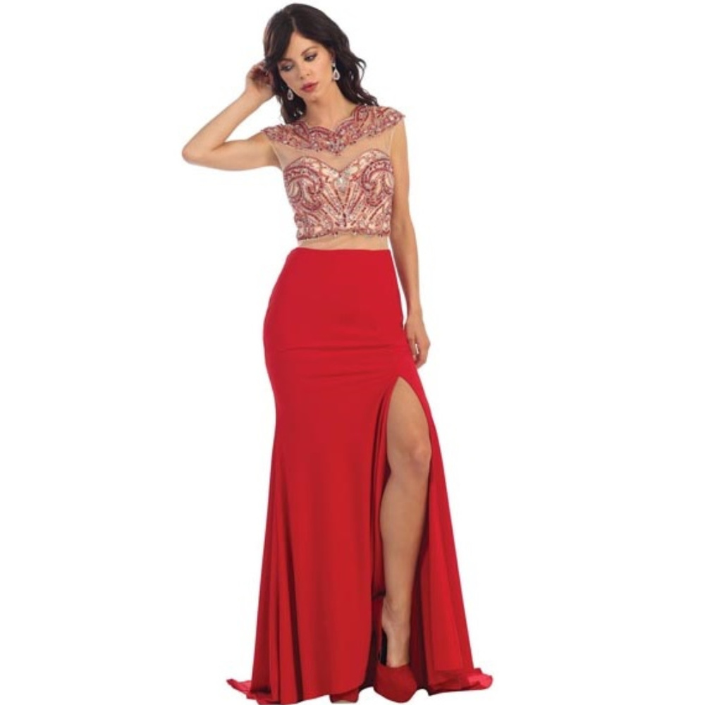 Red Jewel Embellished Side Slit Gown